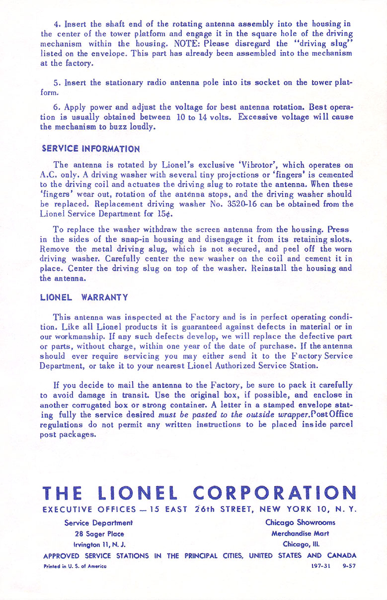 No. 197-31 Instruction Sheet Back Page