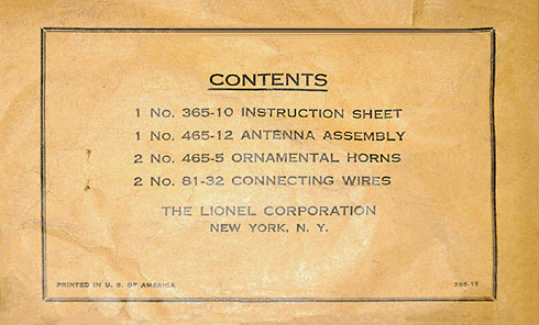 three piece Lionel 465-12 2 Antenna & 465-5 Horns 