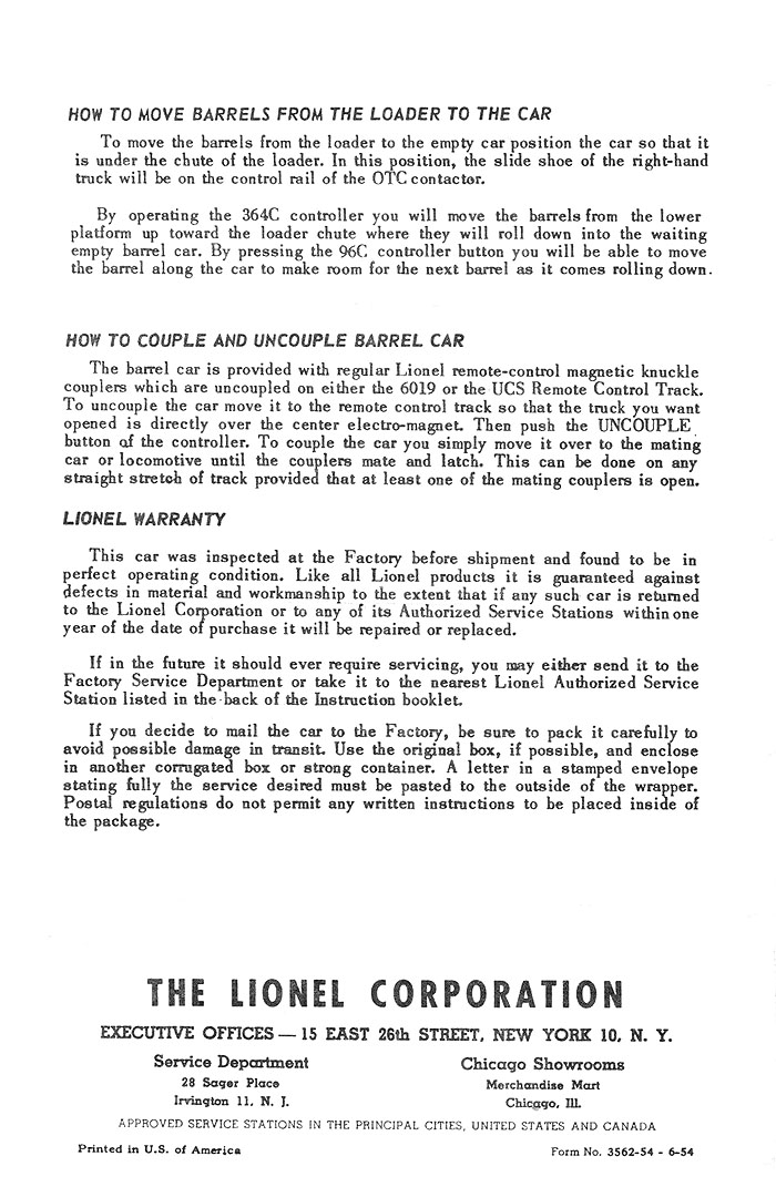 No. 3562-54 Instructions Back Page