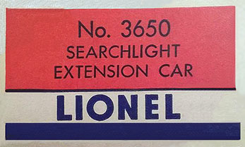 Lionel 3650 Extension Searchlight Car Licensed Reproduction box w/insert 