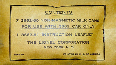 pkg. of seven Gray Milk Cans- Lionel 3662-79 Silver 