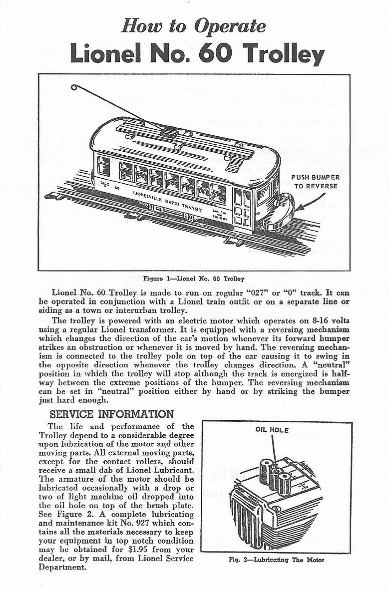 LIONEL # 60 TROLLEY INSTRUCTIONS PHOTOCOPY 
